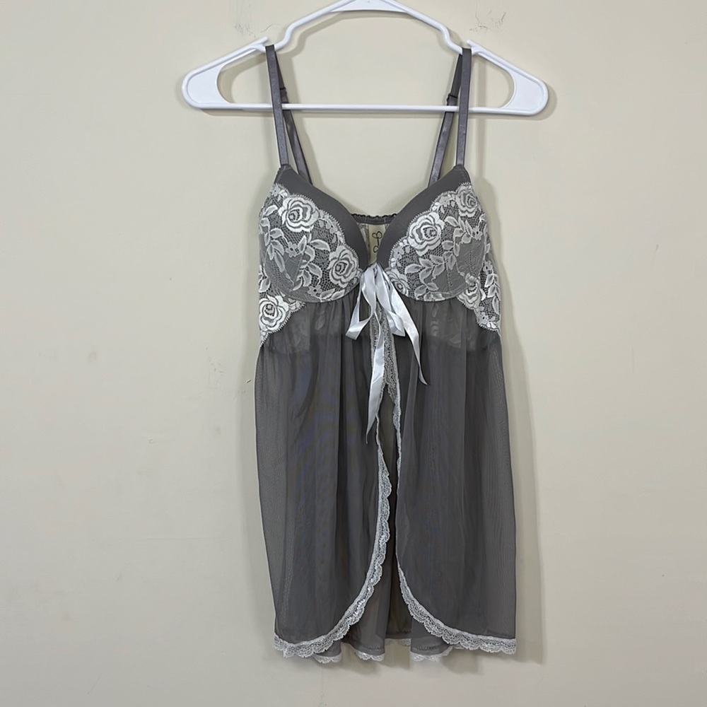 Jessica Simpson Gray White Mesh Lace Babydoll Lingerie Top Size S